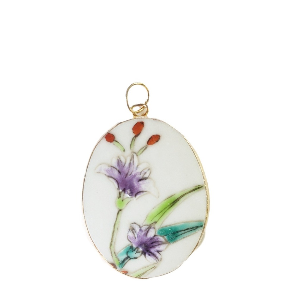 Purple Lily Pendant Vintage Hand Painted Ceramic Floral Oval Pottery Shard